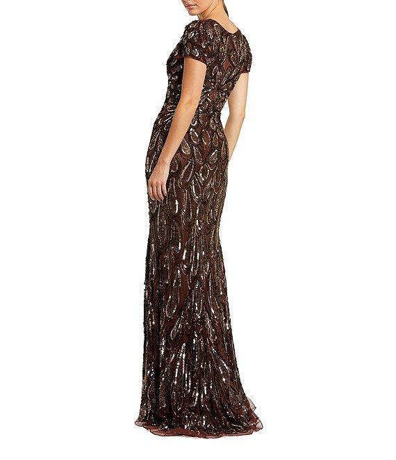 Mac Duggal Sequin Mesh Plunge V-Neck Short Sleeves Column Gown Product Image