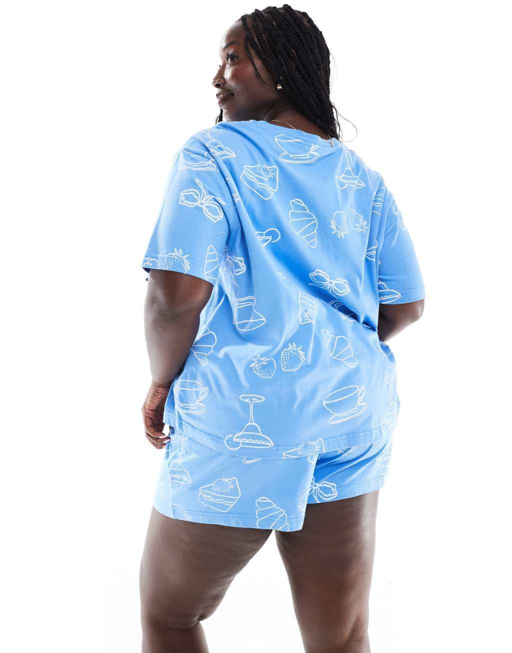 ASOS DESIGN Curve brunch oversized tee & short pajama set in blue Product Image