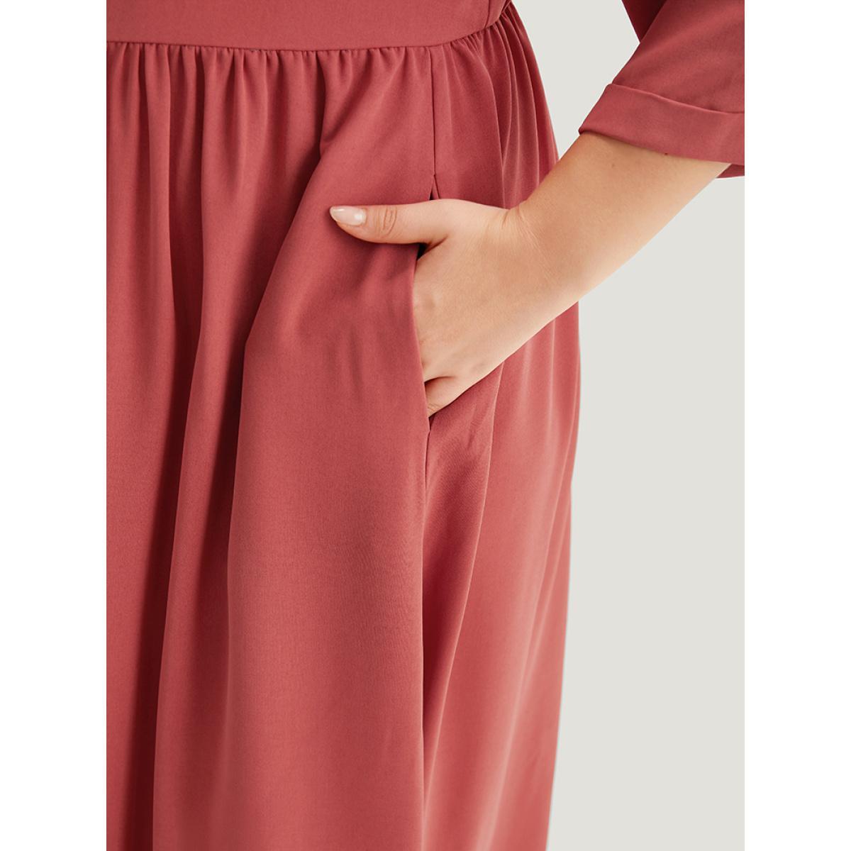 Plus Size Plain Pleated Gathered Wrap Pocket Dress OrangeRed Women Casual Gathered V-neck Elbow-length sleeve Curvy Midi Dress BloomChic 18-20/2X Product Image