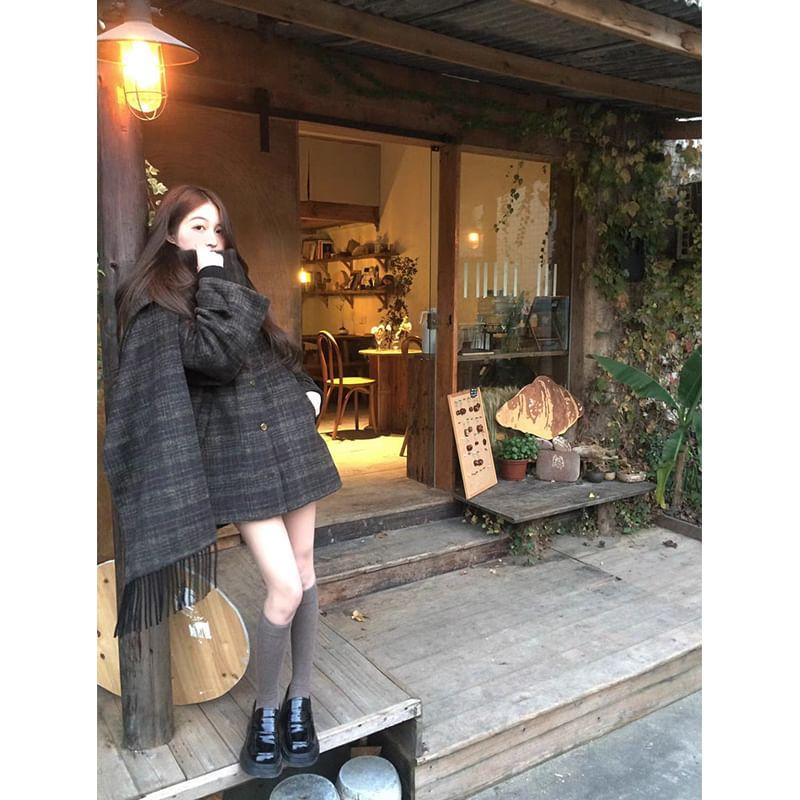 Scarf Neck Plaid Button Coat Product Image
