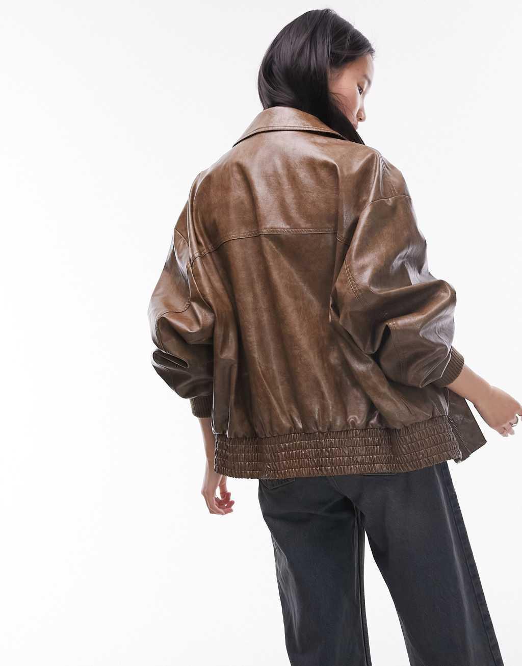 Topshop faux leather bomber jacket in washed brown Product Image