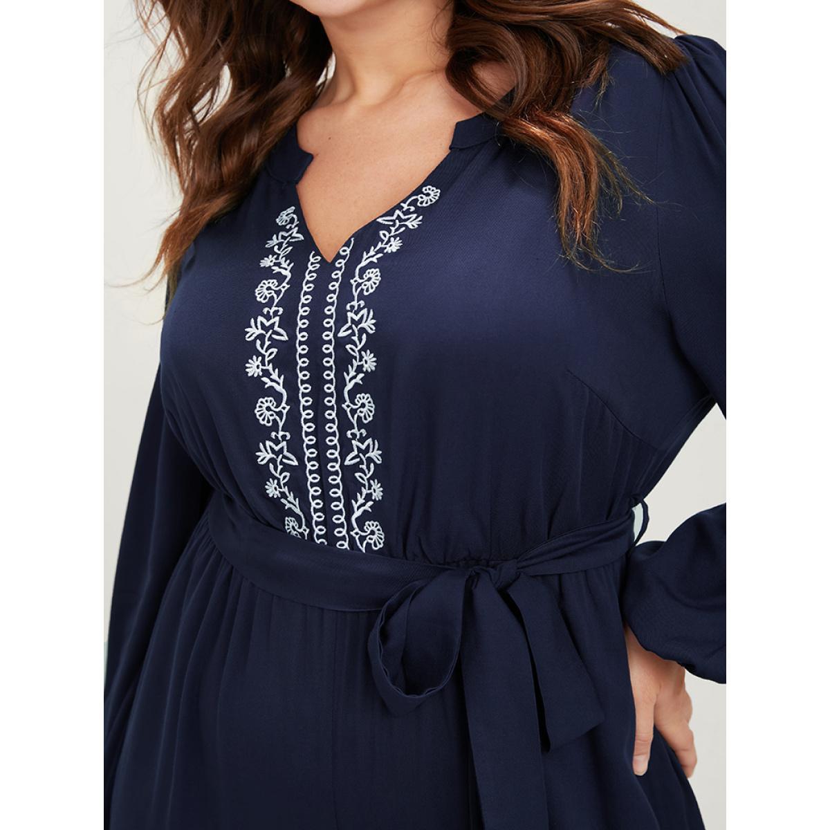 Plus Size DarkBlue Solid V Neck Lantern Sleeve Embroidered Pocket Ties Jumpsuit Women Elegant Long Sleeve V-neck Dailywear Loose Jumpsuits BloomChic 28/5X Product Image