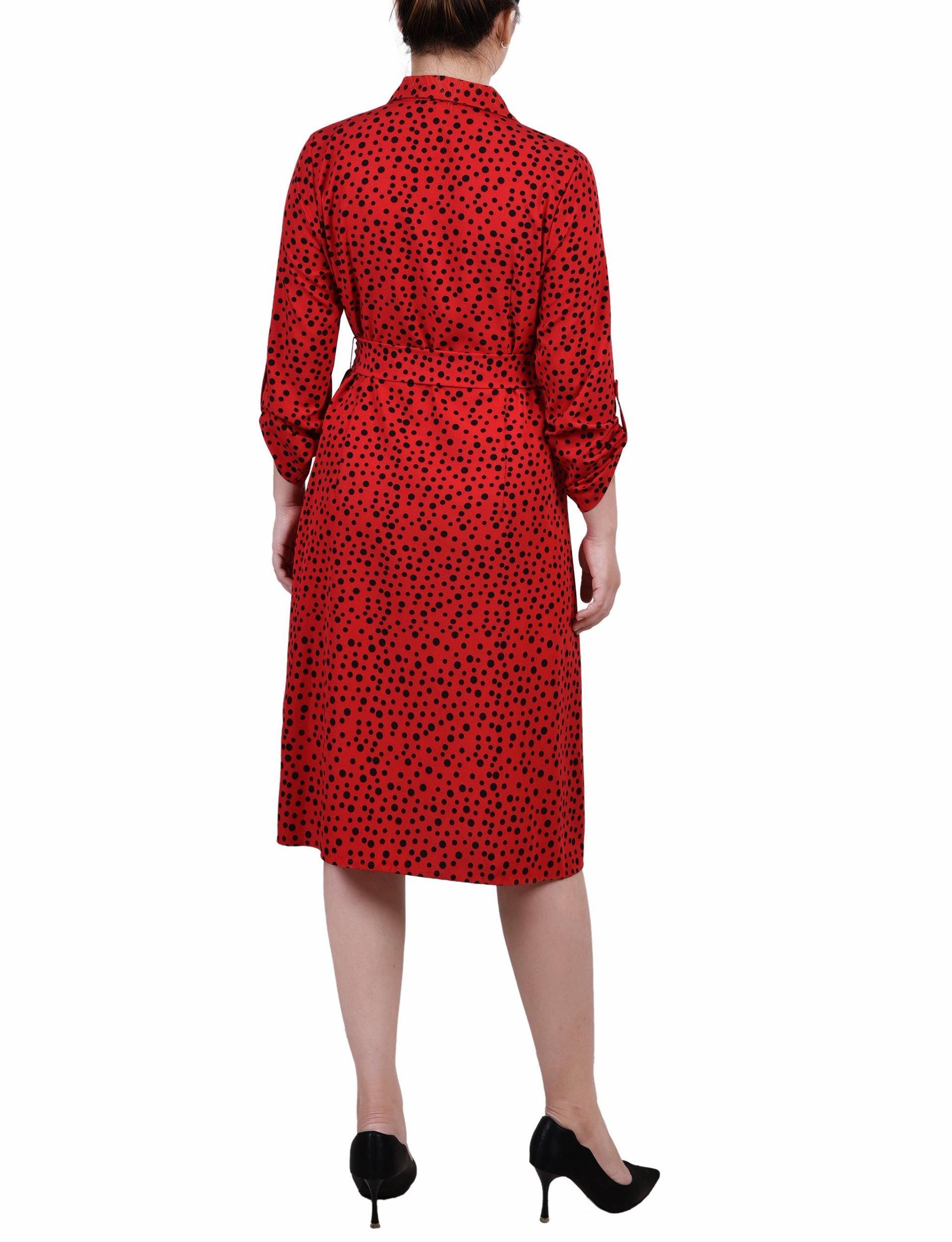 Cypress Inca Gold Navy Zigzag 3/4 Roll Tab Sleeve Belted Shirtdress - Petite Product Image