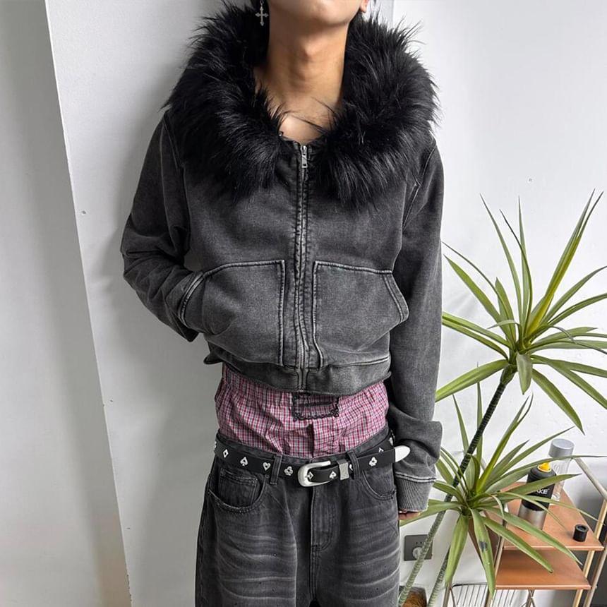 Fluffy Trim Washed Zip-Up Hoodie Product Image