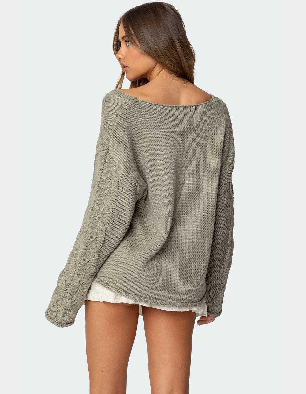EDIKTED Inga Oversized Cable Knit Sweater - DK GREEN Product Image