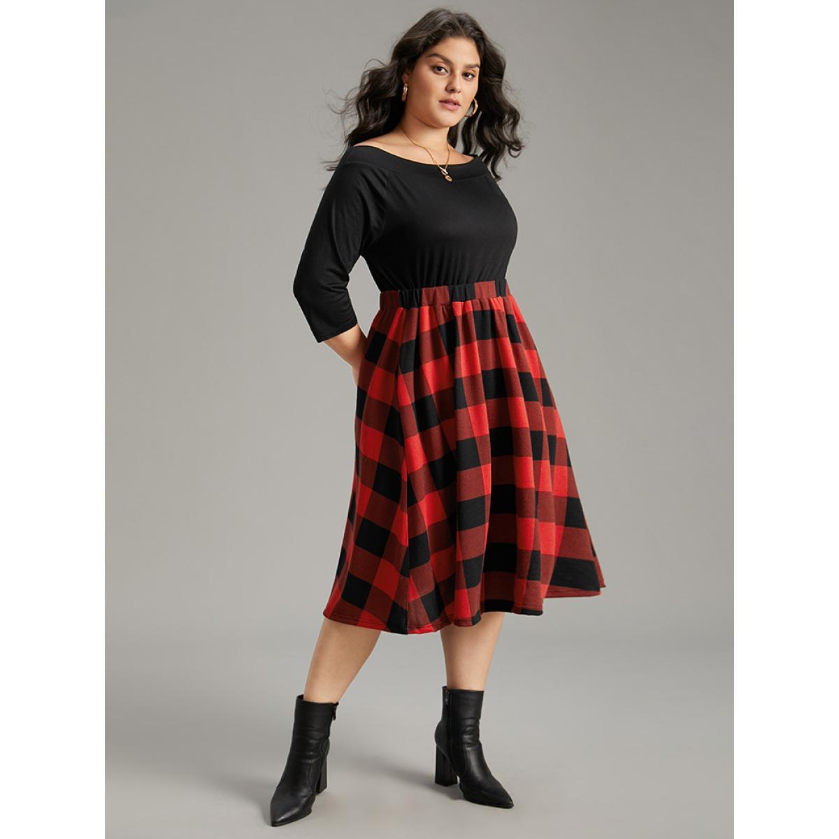 Plus Size Plaid Pocket Boat Neck Patchwork Dress Black Women Elegant Printed Boat Neck Elbow-length sleeve Curvy Midi Dress BloomChic 12/L Product Image