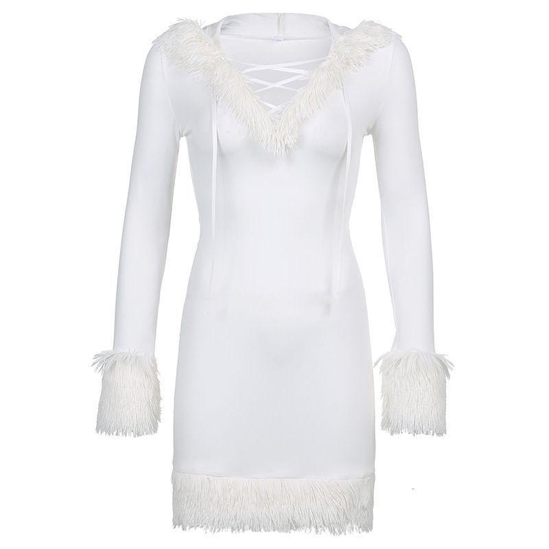 Long-Sleeve Fluffy Trim Hooded Mini Bodycon Dress Product Image