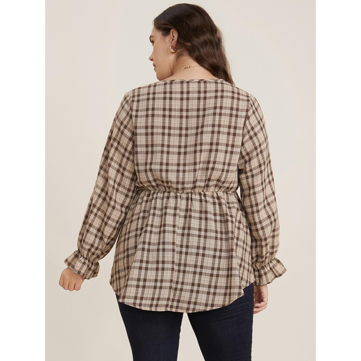 Plus Size LightBrown Plaid Lantern Sleeve Surplice Neck Blouse Women Elegant Long Sleeve V-neck Dailywear Blouses BloomChic 14-16/1X Product Image