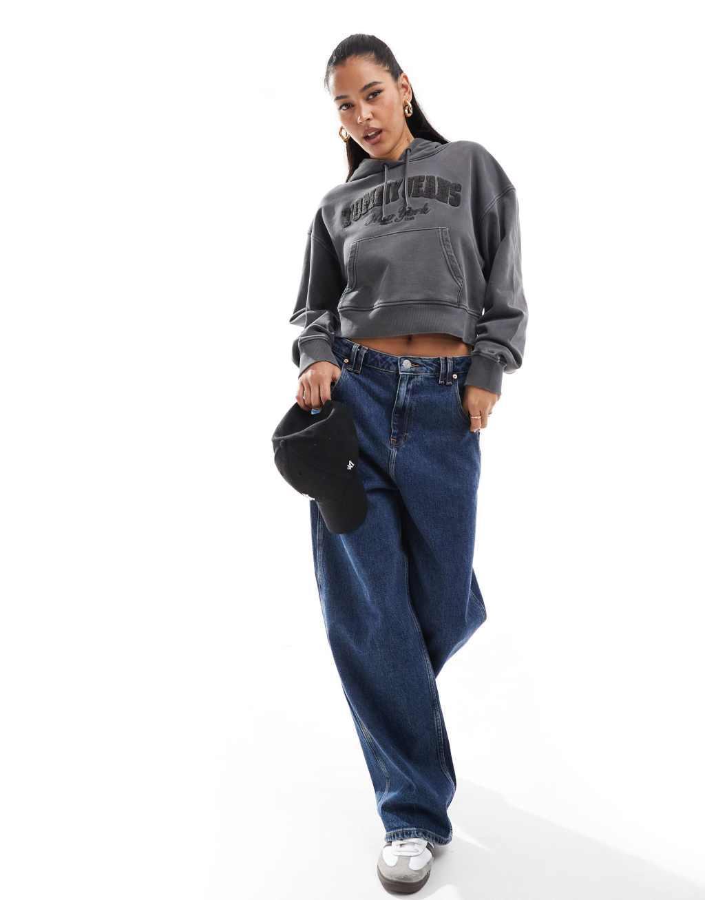 Tommy Jeans cropped logo hoodie in washed gray Product Image
