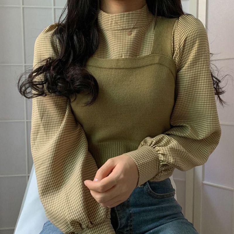 Set: Plaid Blouse + Knit Camisole Product Image
