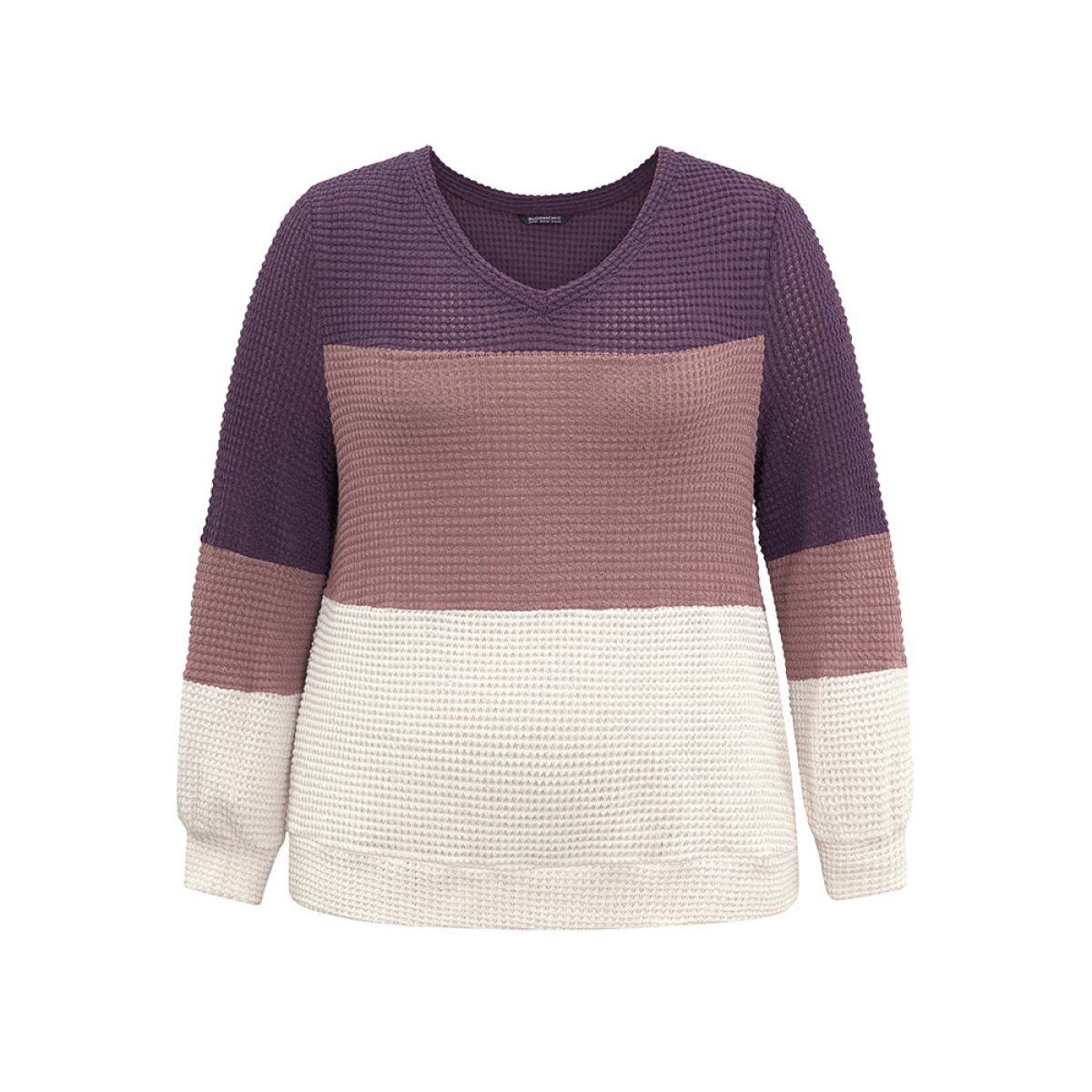 Plus Size Waffle Knit Colorblock Contrast V Neck T-shirt Multicolor Women Casual Waffle Knit Plain V-neck Dailywear T-shirts BloomChic 14-16/1X Product Image