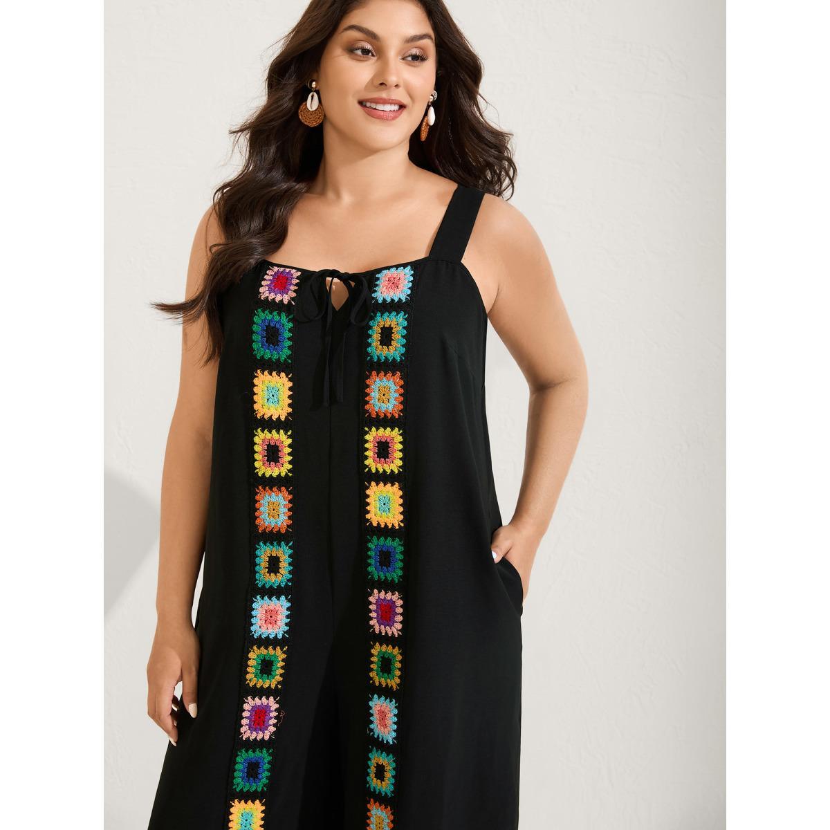 Plus Size Black Crochet Floral Backless Neck Cut-Out Jumpsuit Women Sleeveless V-neck Vacation Loose Jumpsuits BloomChic 12/L Product Image