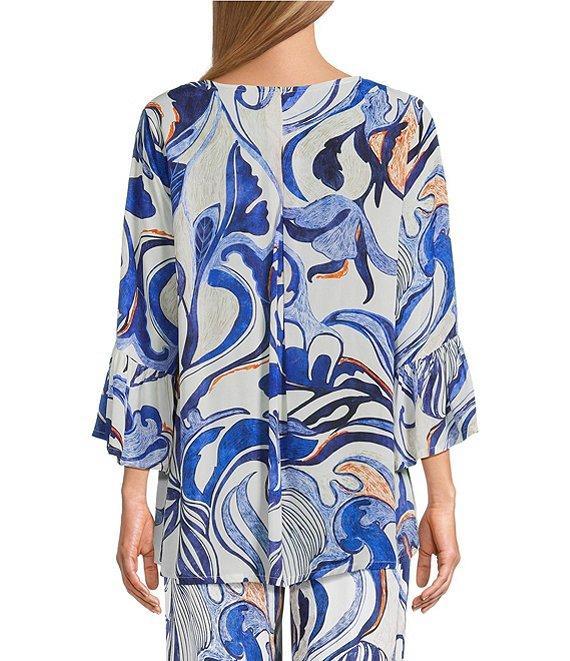 Bryn Walker Fran Printed Round Neck 3/4 Ruffle Bell High-Low Sleeve Top Product Image