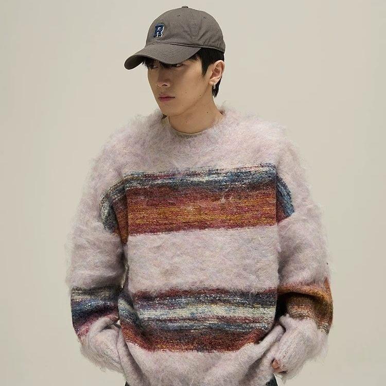 Crew Neck Striped Fluffy Oversized Sweater Product Image