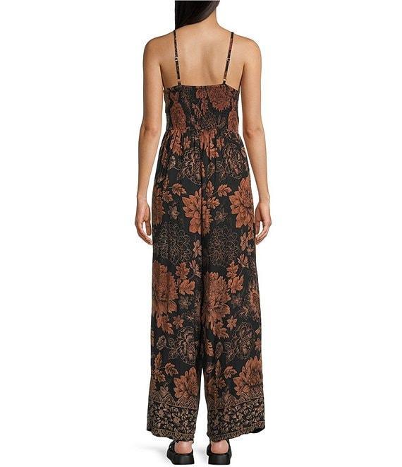 Angie Sleeveless Large Floral/Border Print Keyhole Knot Front Wide Leg Jumpsuit Product Image