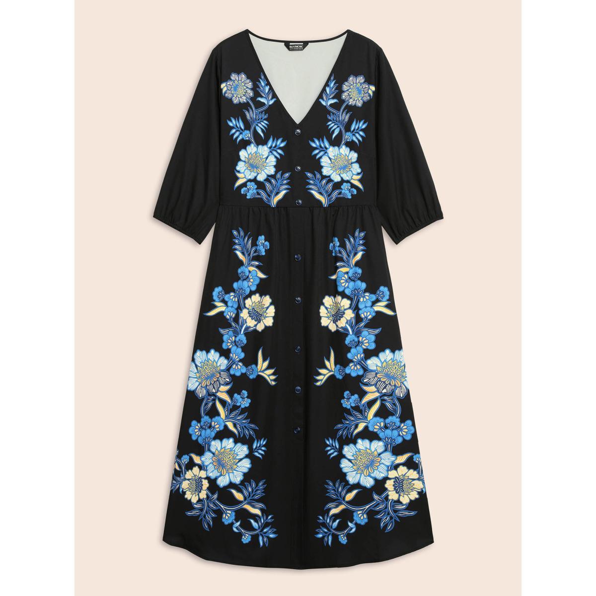 Plus Size Boho Print Lantern Sleeve Midi Dress BlackFlower Women Elegant Button V-neck Elbow-length sleeve Curvy BloomChic 14-16/1X Product Image