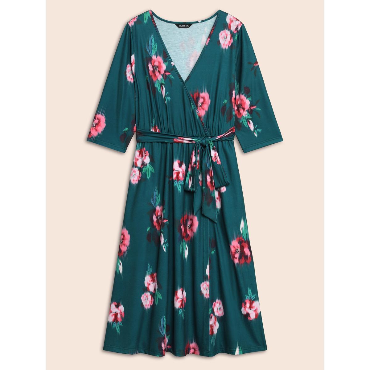 Plus Size Overlap Collar Floral Midi Dress Emerald Women Elegant Belted Overlap Collar Elbow-length sleeve Curvy BloomChic 14-16/1X Product Image