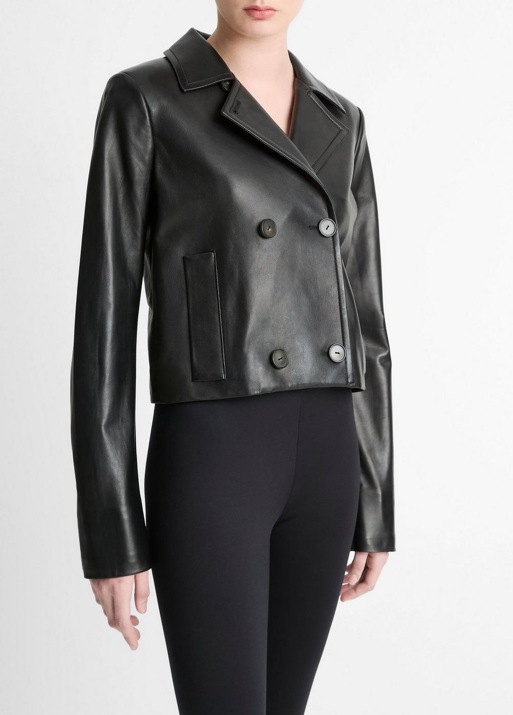 Womens Shrunken Leather Peacoat, Black, Size M Vince Product Image