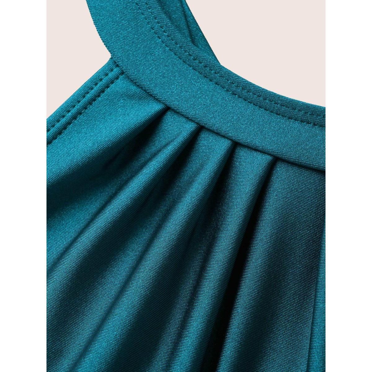 Plus Size Halter Back Crisscross Pleated Swim Dress Women's Swimwear Cyan Beach Bodycon Halter neck High stretch Curve Swim Dresses BloomChic 14-16/1X Product Image