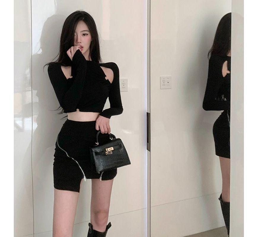 Long-Sleeve Crew Neck Plain Cutout Crop Tee / High Waist Zip Asymmetrical Mini Pencil Skirt / Crew Neck Two Tone Faux Leather Crop Zip Jacket / Set Product Image