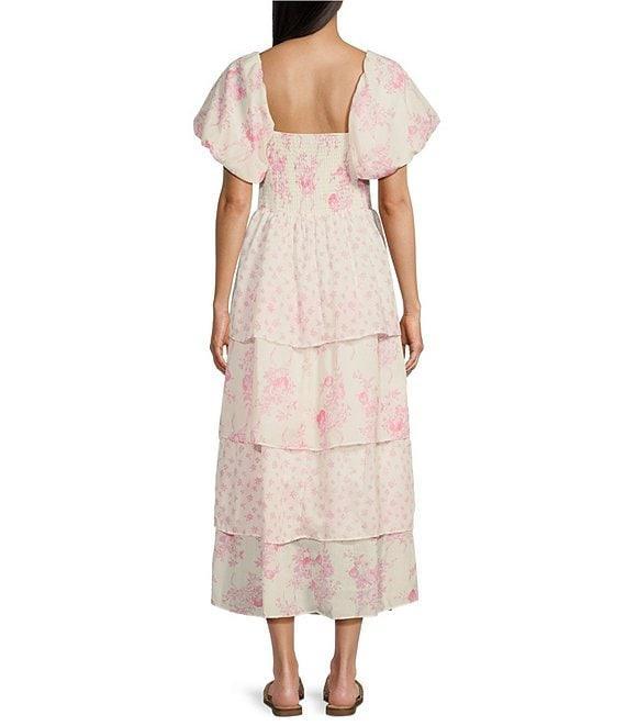 Midnight Doll Floral Print Short Puff SleeveTiered Maxi Dress Product Image