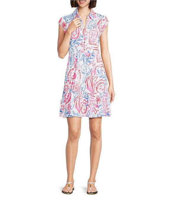 Lilly Pulitzer Arley Sun Sea Sand Print Notch Collar Cap Sleeve Tiered Shirt Dress Product Image