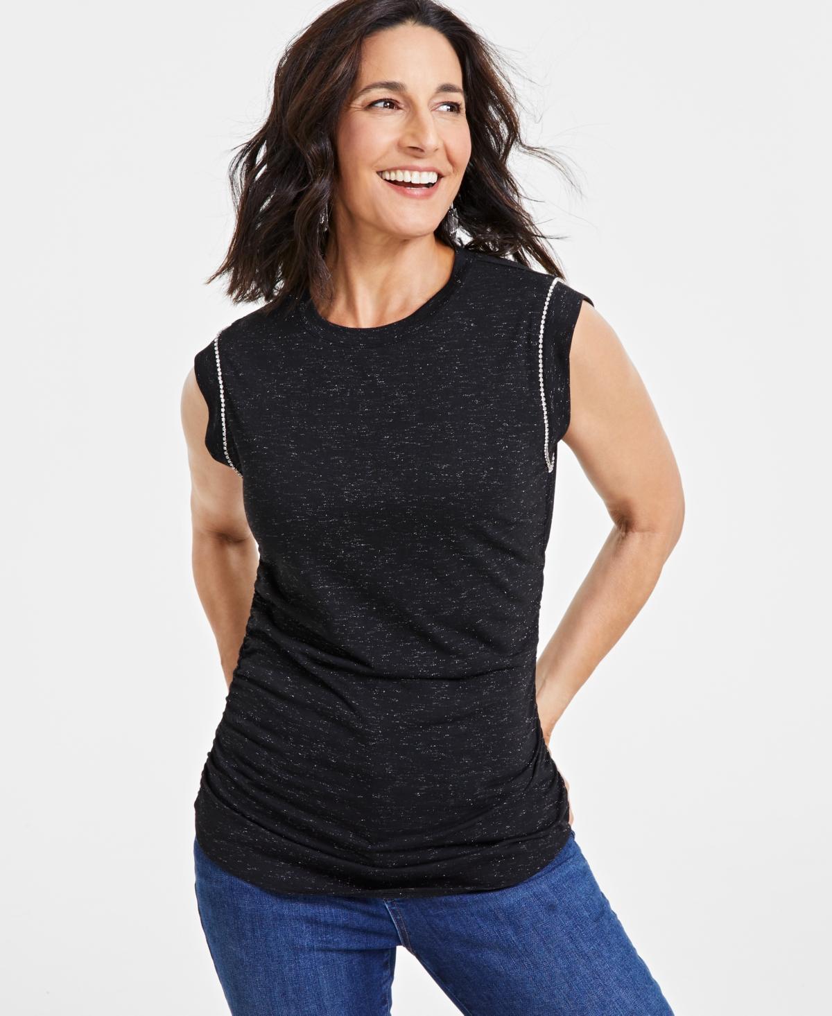 I.n.c. International Concepts Womens Ruched-Side Embellished Tee, Created for Macys Product Image