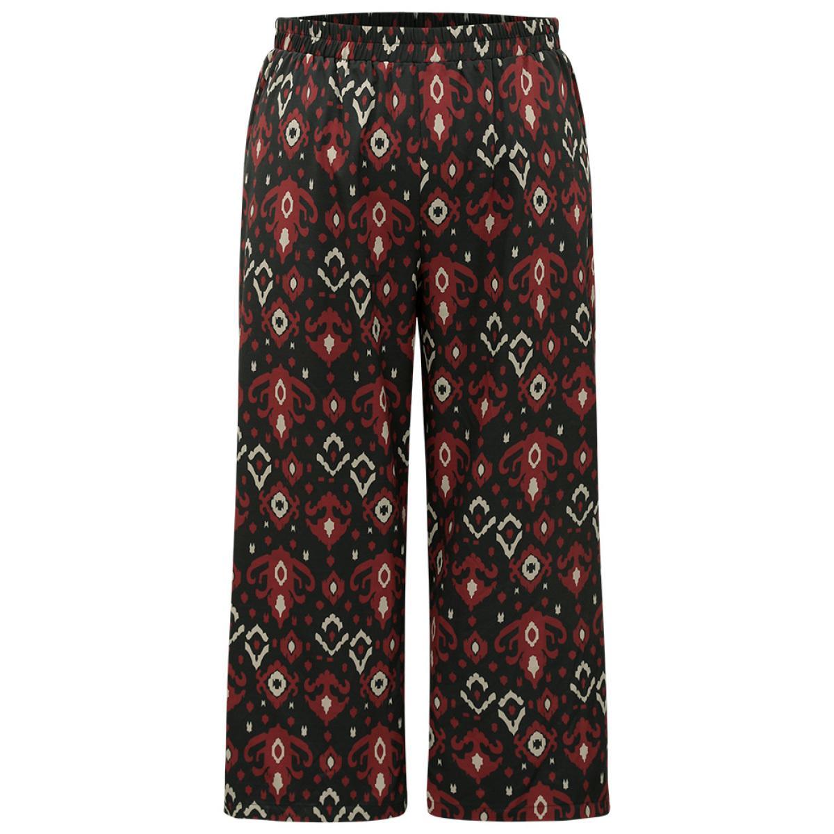 Plus Size Moroccan Print Elastic Waist Wide Leg Pants Women Black Vacation Wide Leg High Rise Dailywear Pants BloomChic 14-16/1X Product Image