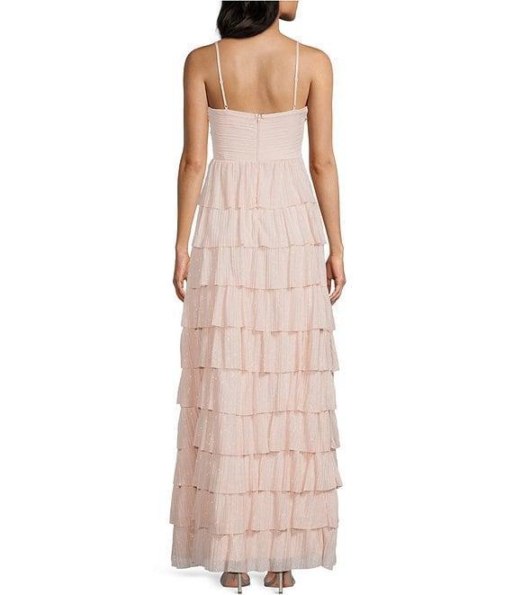 Honey and Rosie Glitter Sheer Matte Jersey Twist Front Keyhole Pleated Ruffle Tiered Gown Product Image