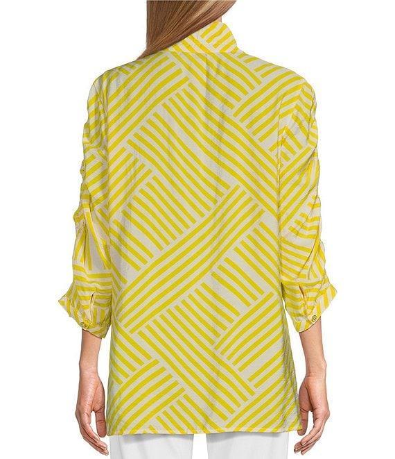 Multiples Crinkle Woven Wire Collar 3/4 Shirred Sleeve Hi-Low Hem Button-Front Shirt Product Image