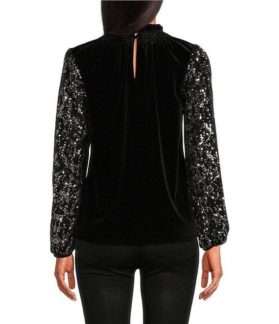 Sugarlips Destine City Michelle Velvet Leopard Sequin Mock Neck Long Sleeve Top Product Image