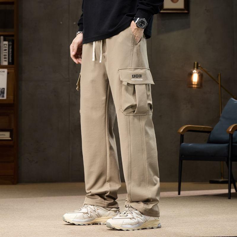 Drawstring Waist Plain Loose Fit Cargo Pants Product Image