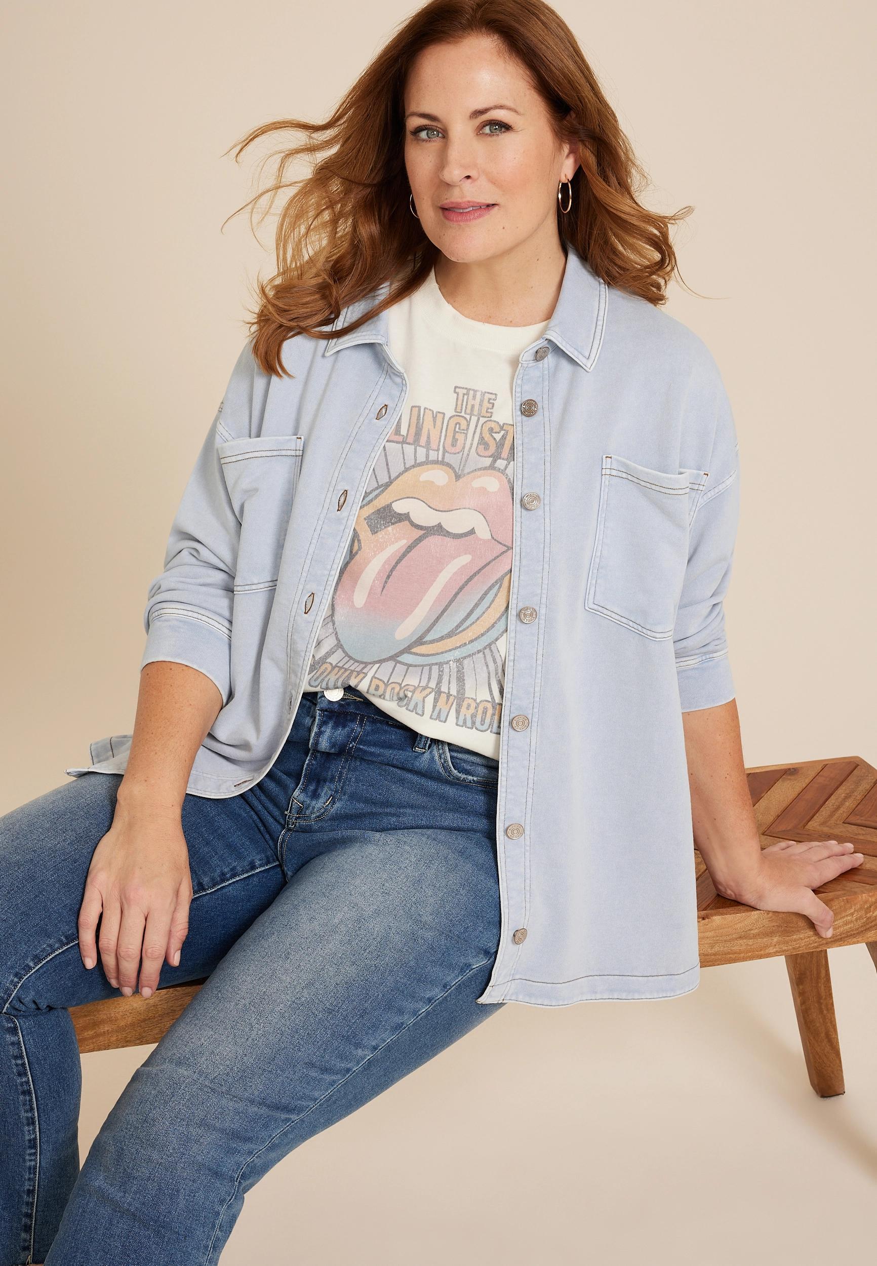 Maurices Plus Size Womens Washed Knit Pink Denim Shacket Size 4X Product Image