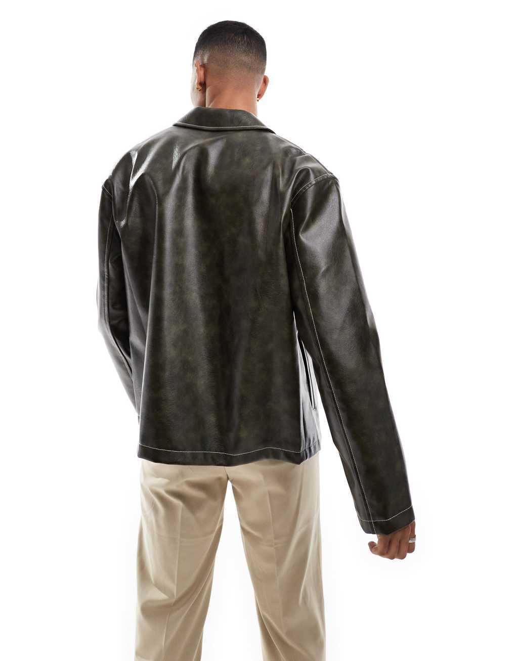 ASOS DESIGN faux leather harrington jacket in washed green Product Image