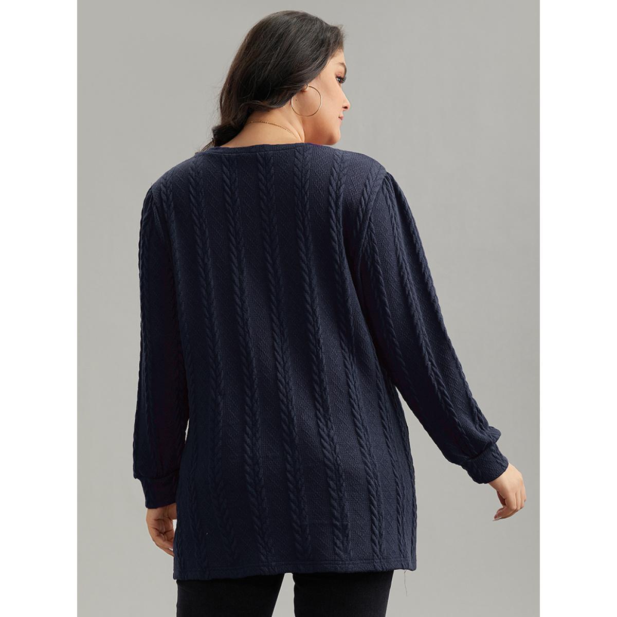Plus Size Plain Cable Knit Elastic Cuffs Sweatshirt Women Indigo Casual Texture V-neck Dailywear Sweatshirts BloomChic 10/M Product Image