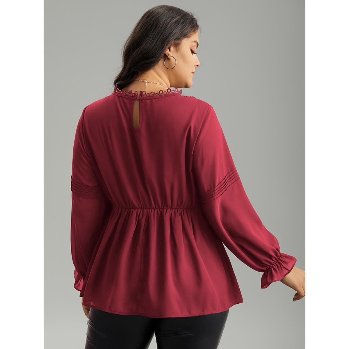 Plus Size Scarlet Plain Ruffles Elastic Waist Lace Patchwork Blouse Women Office Long Sleeve Stand-up collar Work Blouses BloomChic 18-20/2X Product Image