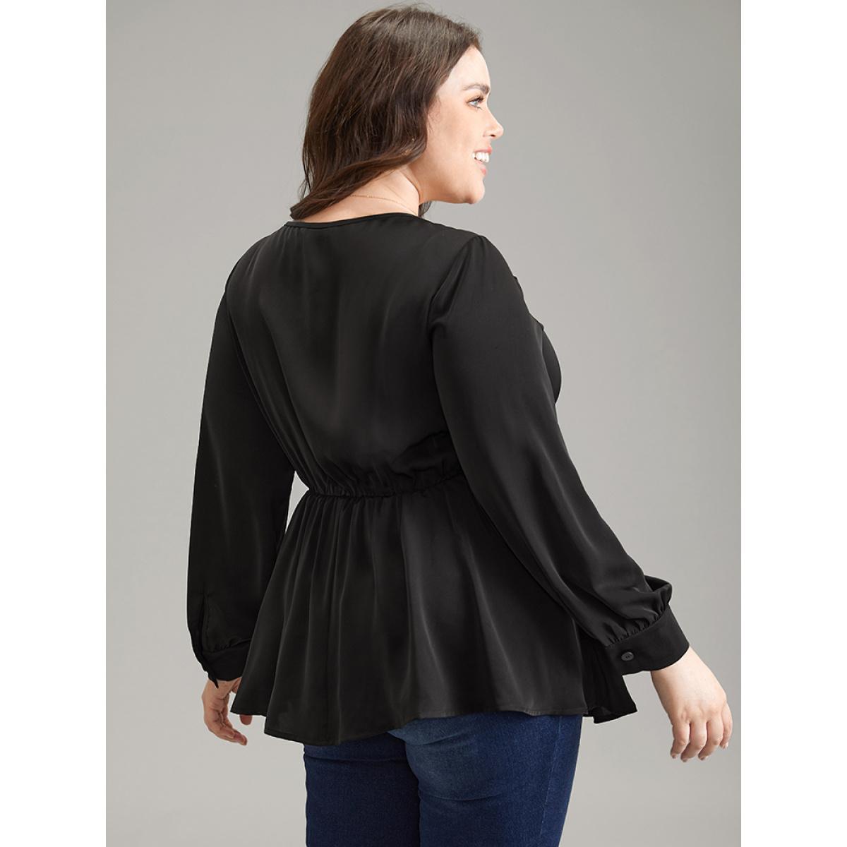 Plus Size Black Anti-Wrinkle Plain Ruched Elastic Waist Blouse Women Office Long Sleeve Round Neck Work Blouses BloomChic 22-24/3X Product Image