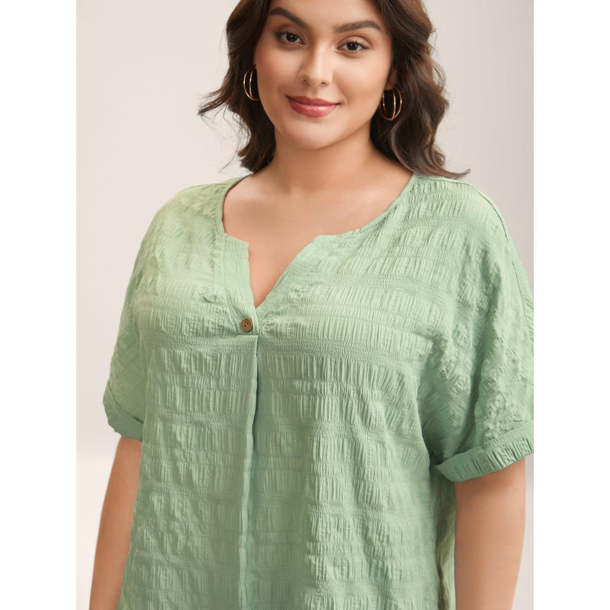Plus Size Textured Pleated Front Button T-Shirt Greenbean Women Texture Flat collar with V-notch Everyday-Casual T-shirts BloomChic 28/5X Product Image