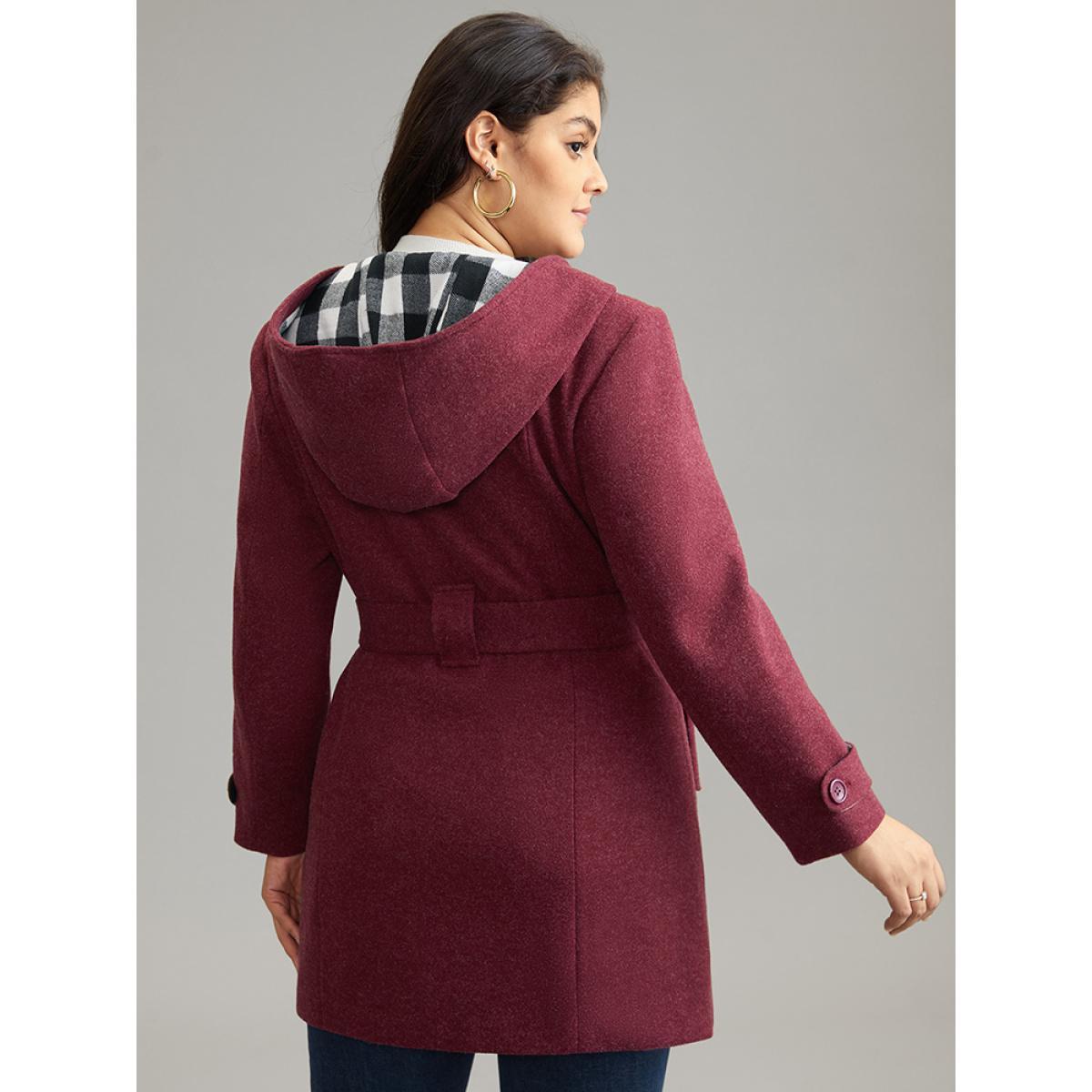 Plus Size Plaid Patchwork Double Breasted Belted Hooded Coat Women Burgundy Casual Lined Ladies Dailywear Winter Coats BloomChic 14-16/1X Product Image