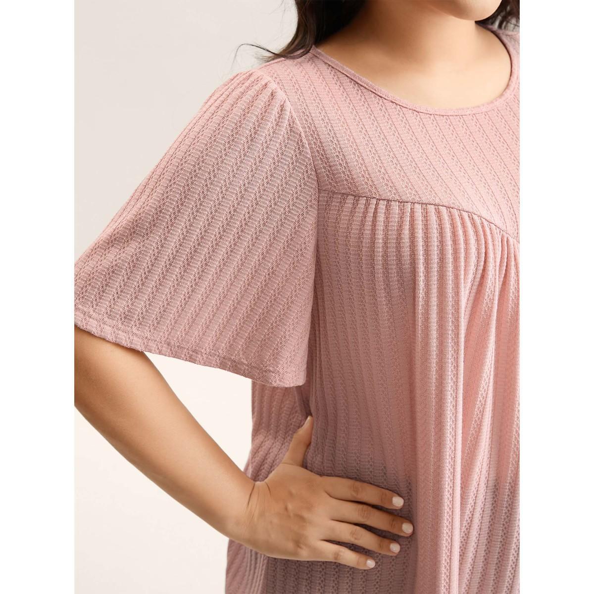 Plus Size Waffle Lotus Leaf Sleeve Flowy T-Shirt Nudepink Women Texture V-neck Loose Everyday-Casual T-shirts BloomChic 18-20/2X Product Image