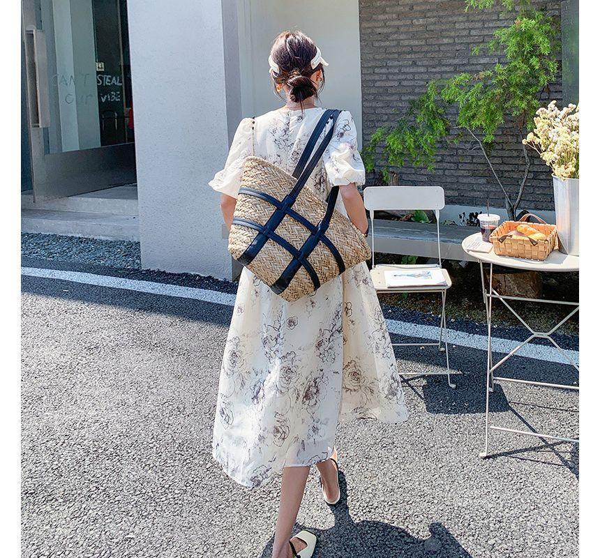 Short-Sleeve Crewneck Floral Print Midi A-Line Dress Product Image