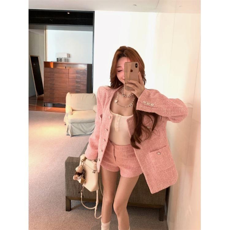Tweed Button-Up Jacket / High Waist Shorts Product Image