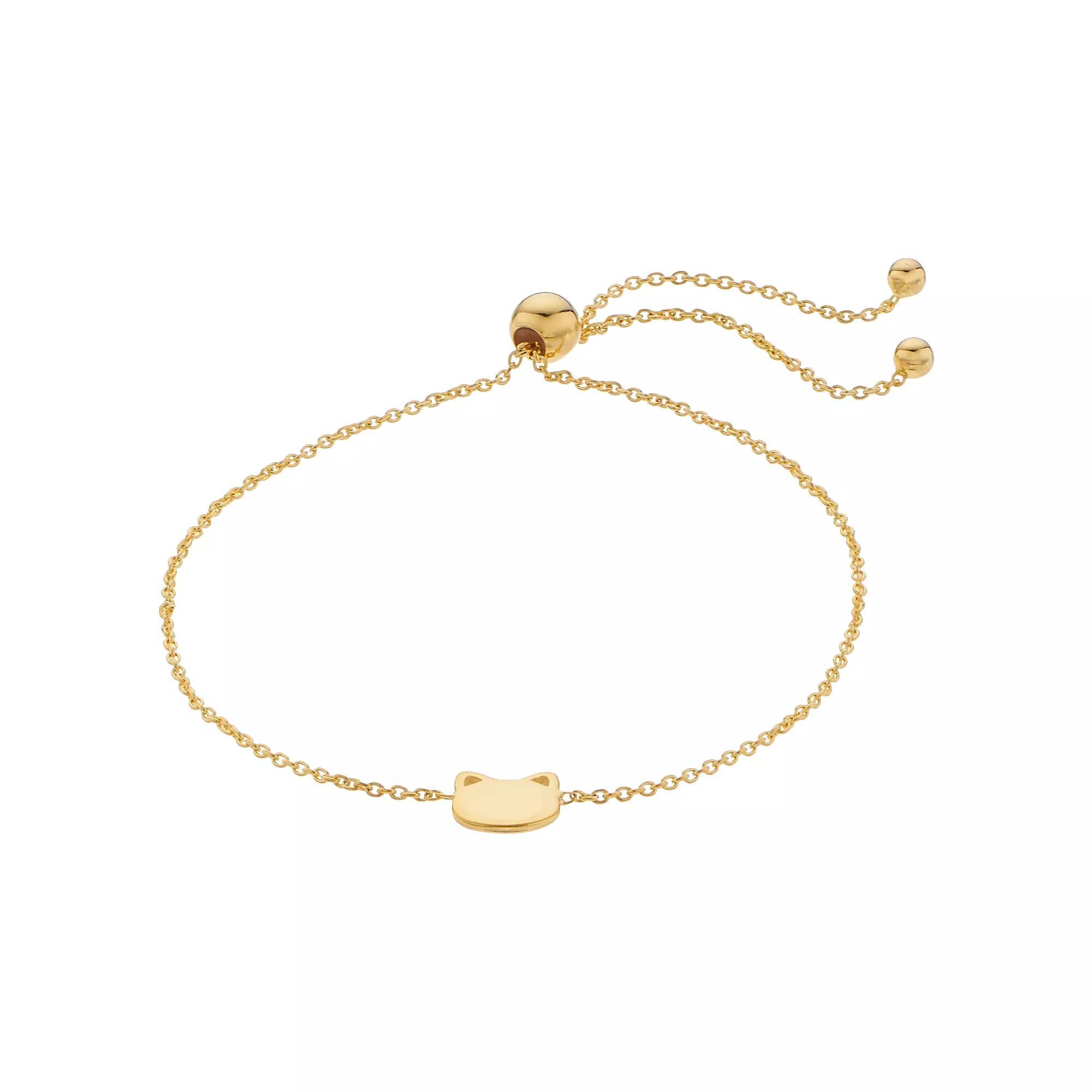 14k Gold Cat Charm Lariat Bracelet, Women's, Size: 9.5" Product Image