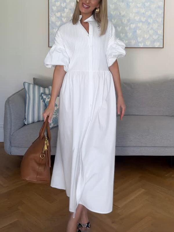 Half Sleeves Loose Buttoned Pleated Solid Color Tied Waist Stand Collar Maxi Dresses Product Image