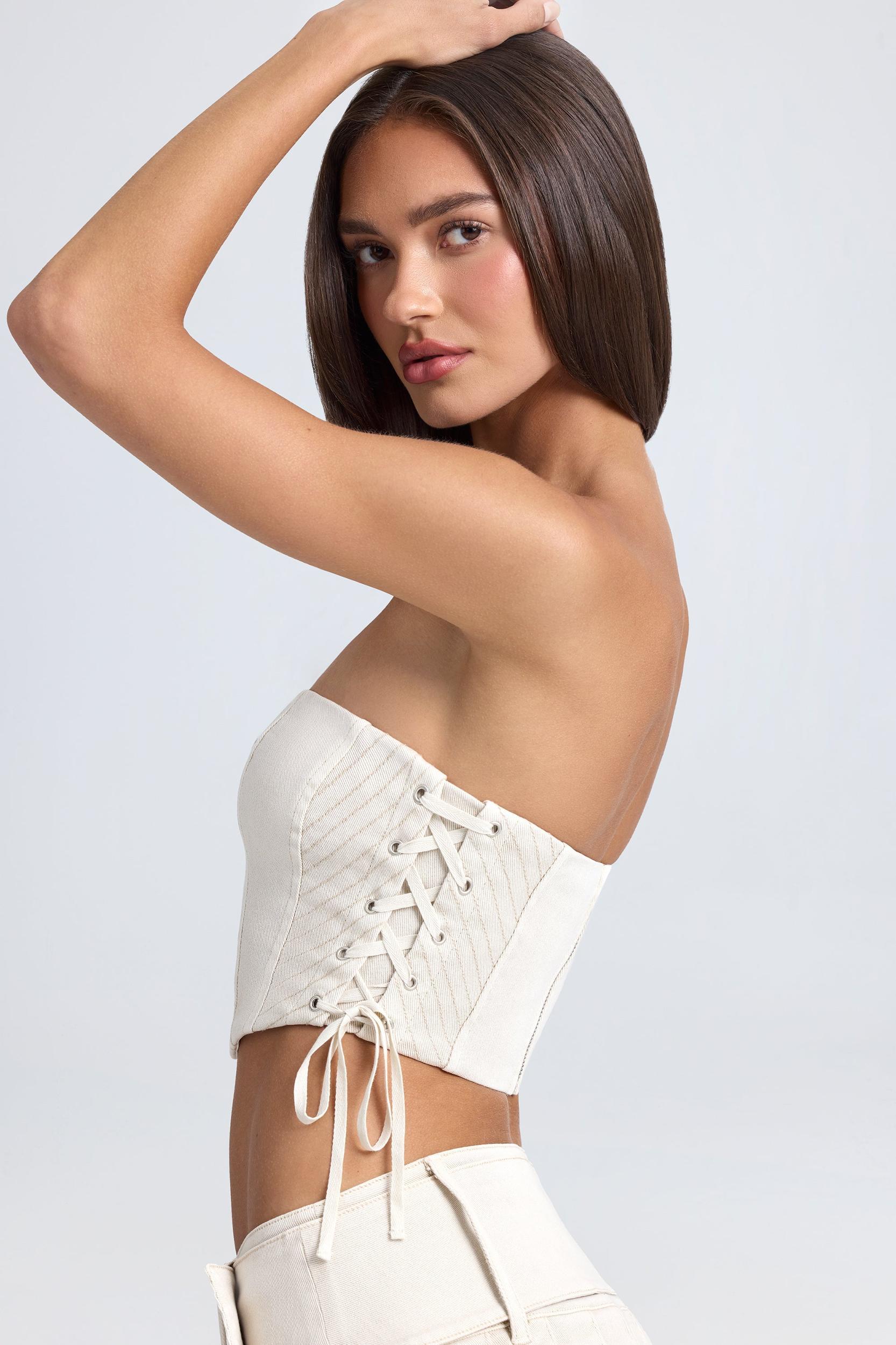 Bandeau Lace-Up Corset Crop Top in Ecru Product Image