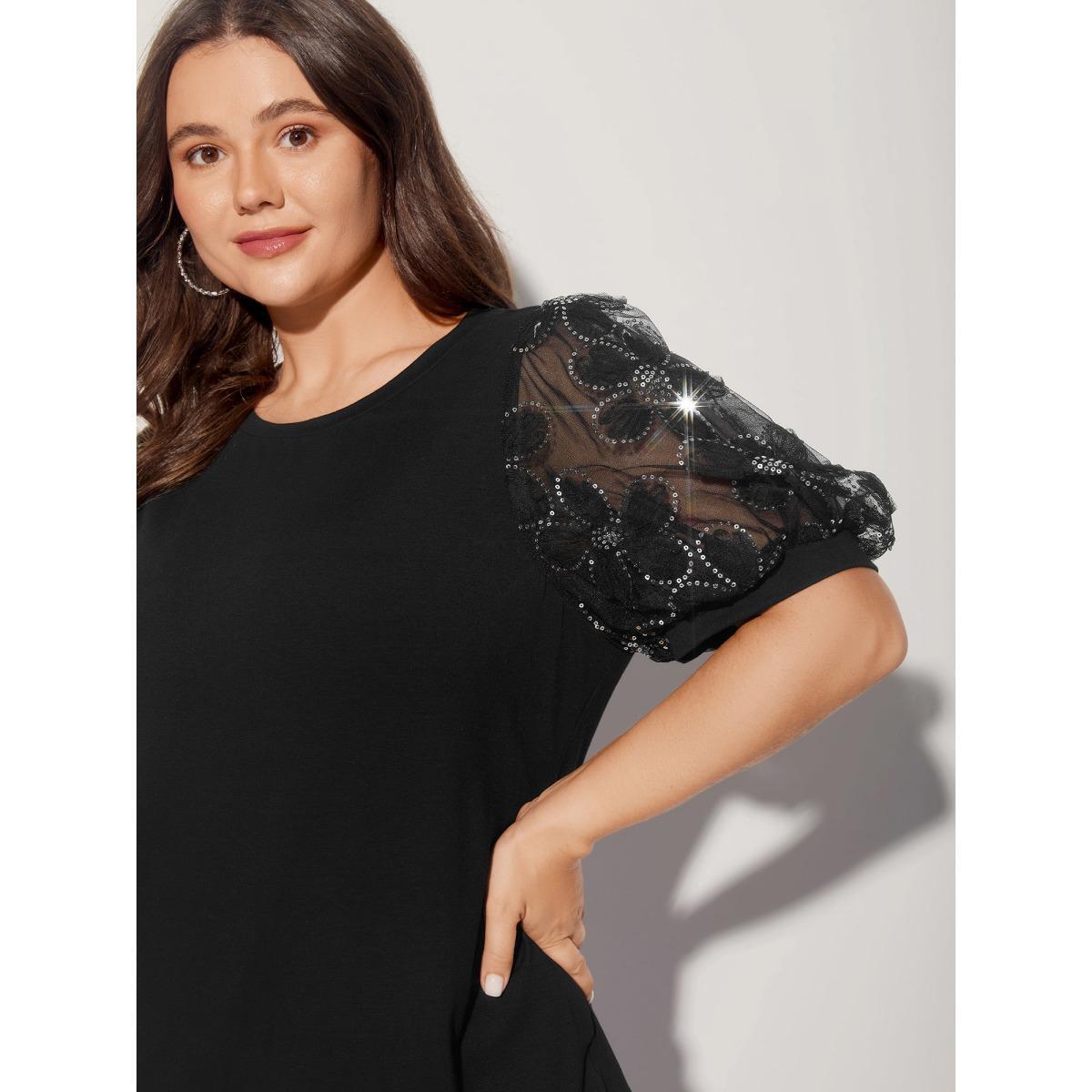 Plus Size Floral Sequin Mesh Round Neck T-shirt Black Women Elegant See through Round Neck Everyday T-shirts BloomChic 18-20/2X Product Image