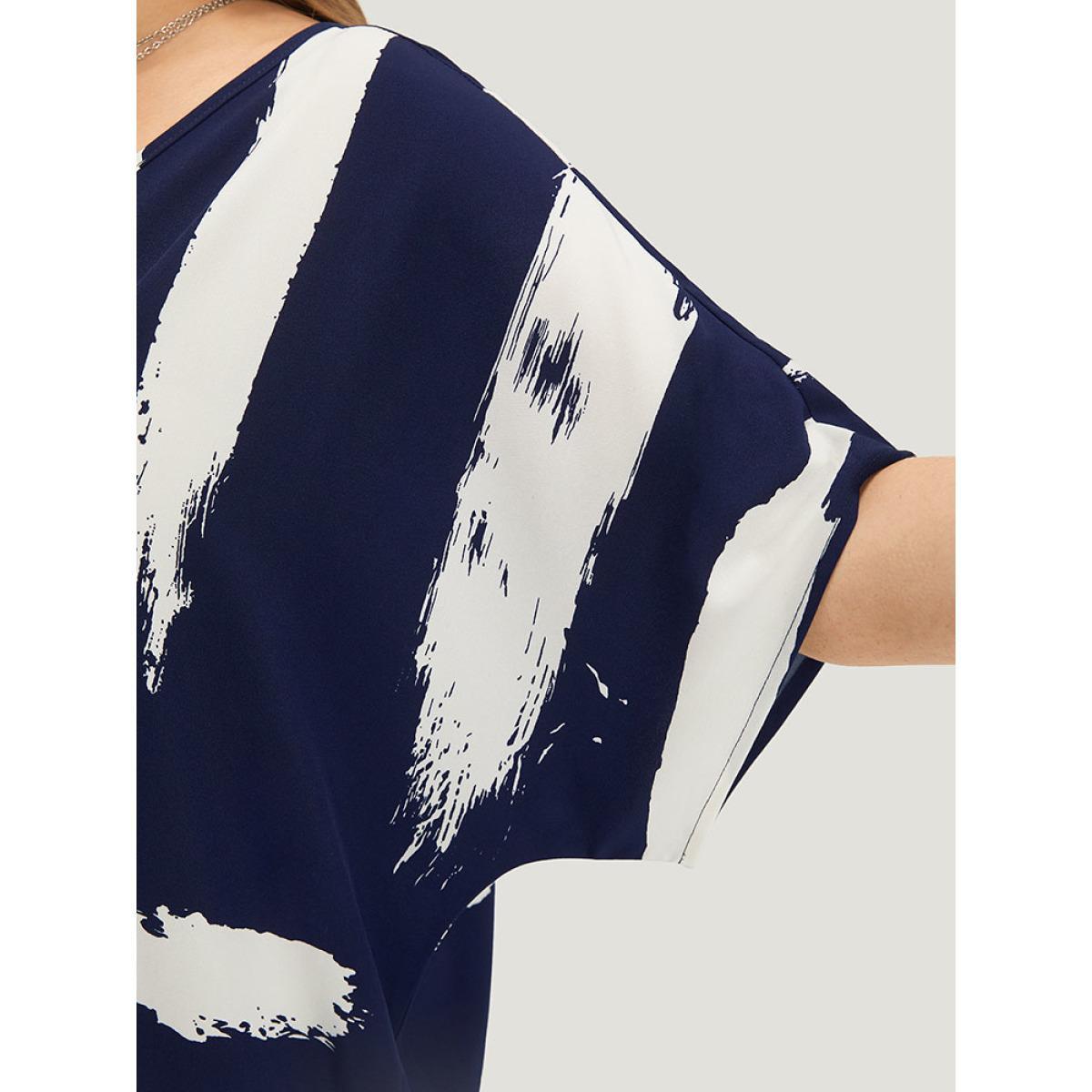Plus Size Brush Print Keyhole Pocket Dolman Sleeve Dress Indigo Women Elegant Printed Keyhole Cut-Out Half Sleeve Curvy Knee Dress BloomChic 10/M Product Image