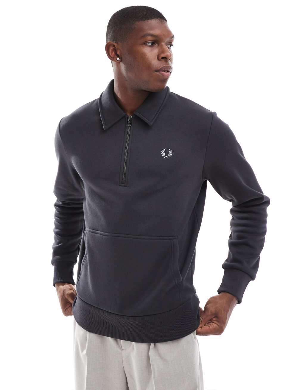 Fred Perry half zip sweatshirt in gray with collar detail Product Image