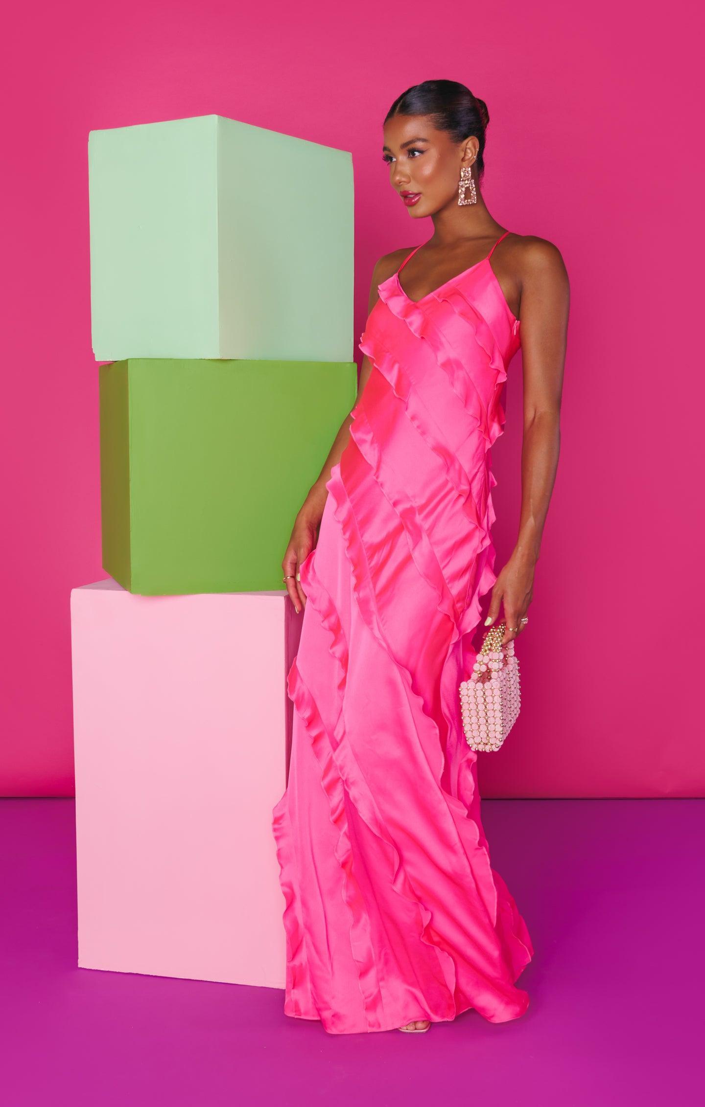 Romance Ruffle Dress ~ Vivid Pink Luxe Satin Product Image