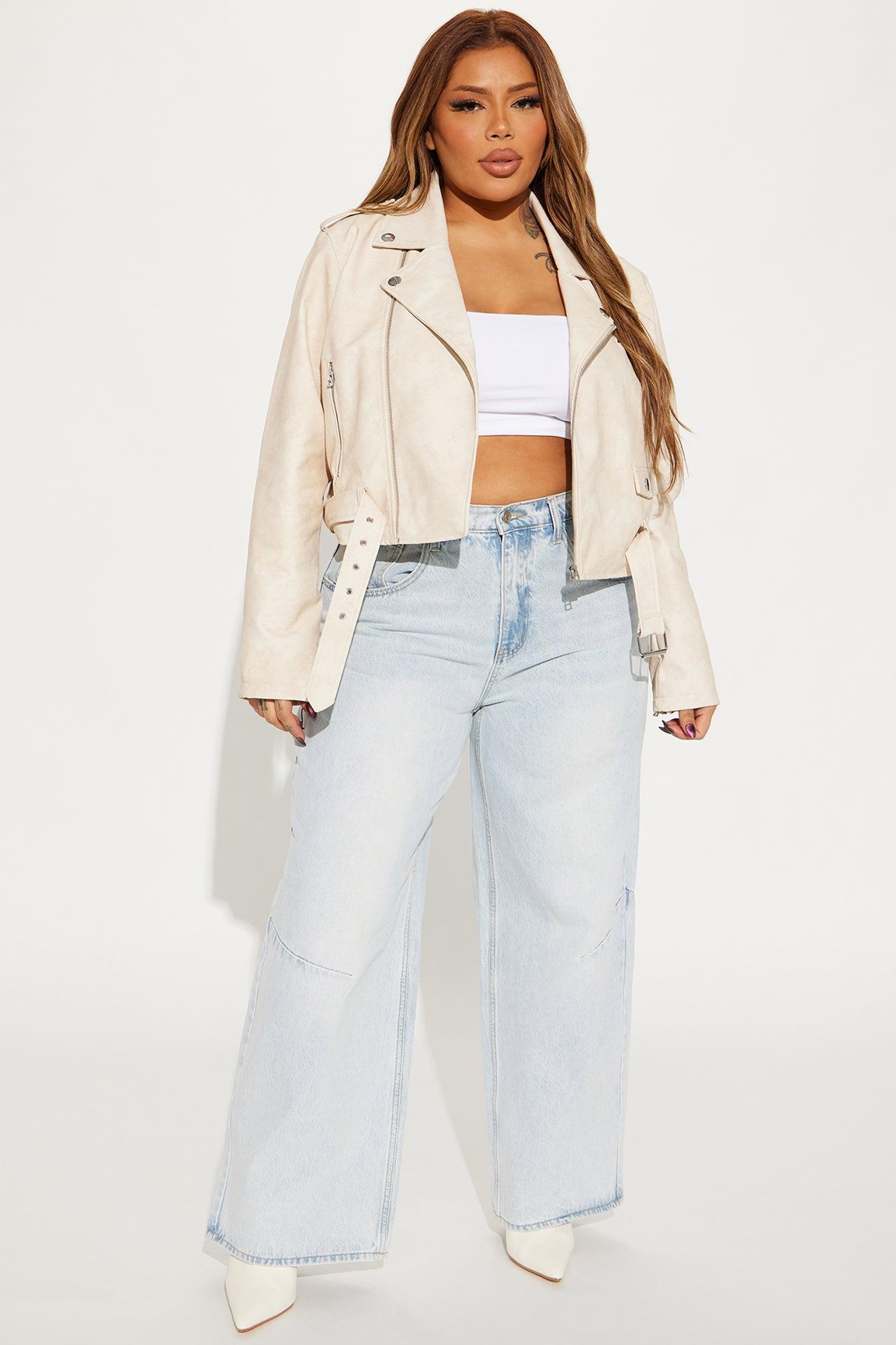 Amala Washed Faux Leather Moto Jacket - Cream Product Image